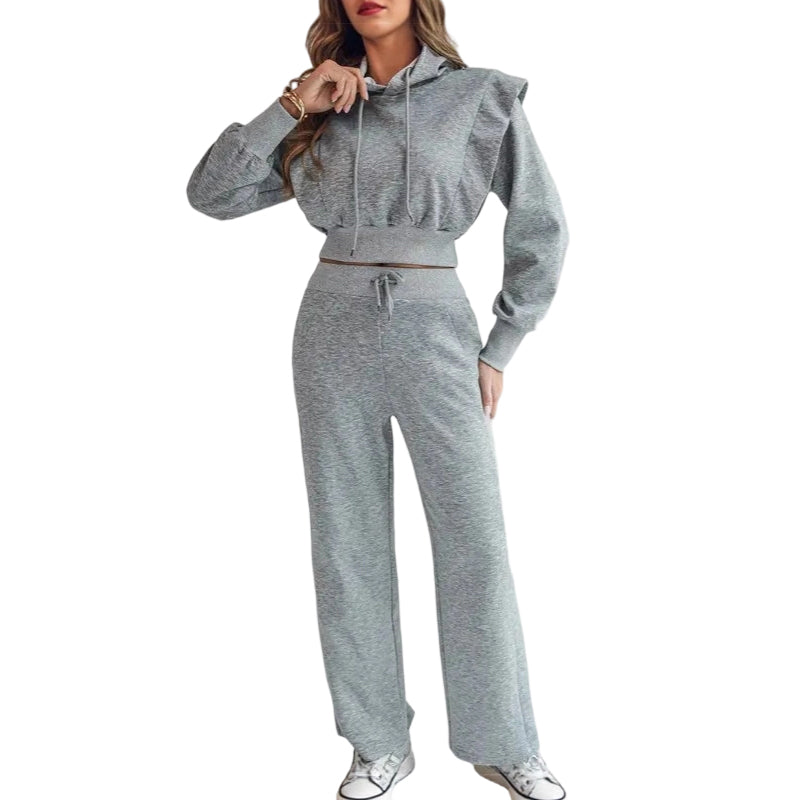 đžWieanfedyâą 2-delat Ribbad LĂ„ngĂ€rmad Crop Top & Wide Leg Byxor Set â Matchat Loungeoutfit
