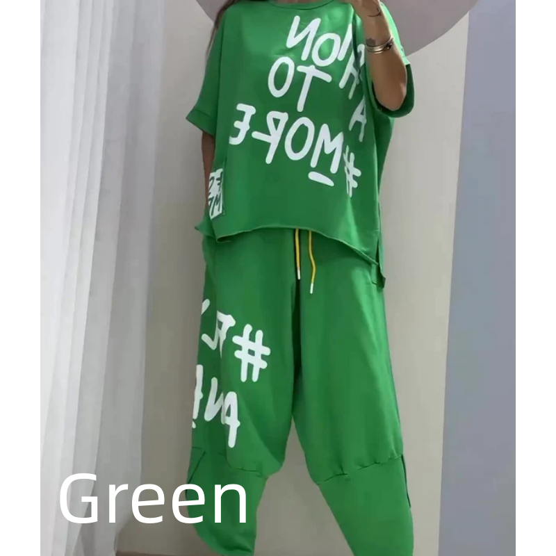 Damernas avslappnade lösa tvådelade T-shirt- och byxuppsättning
