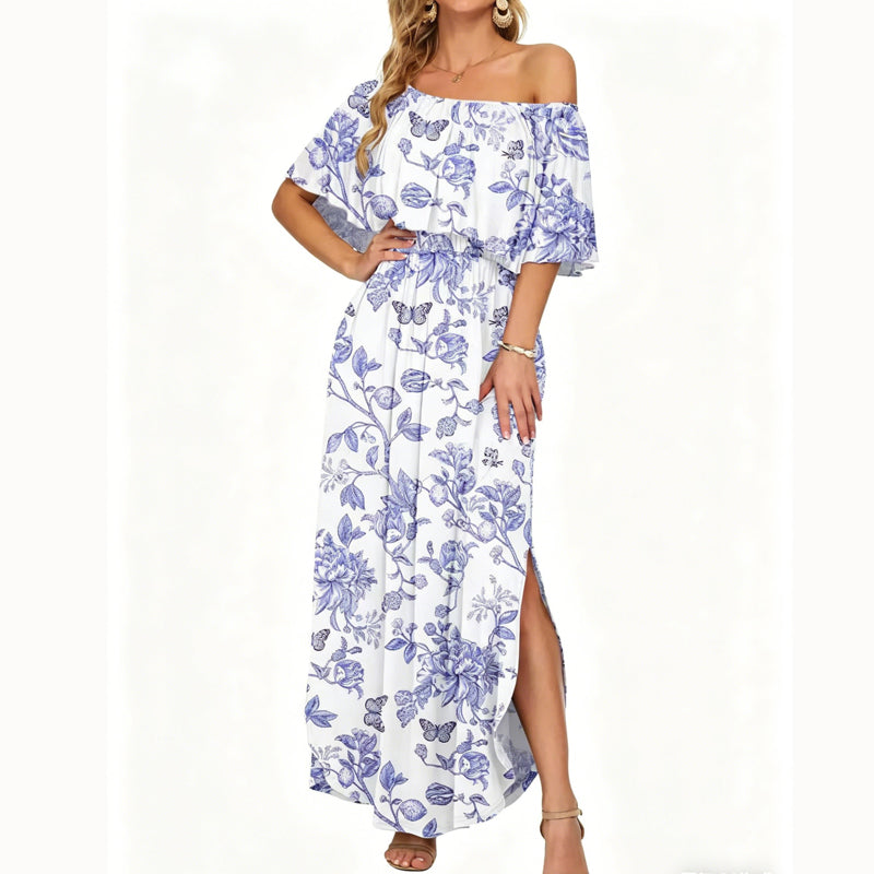 đ 50% RABATT NU! đž Tryckt Off-Shoulder KortĂ€rmad MaxiklĂ€nning â Blommönster, Rynkad Liv & Dolda Fickor För En Avslappnad Elegans âš