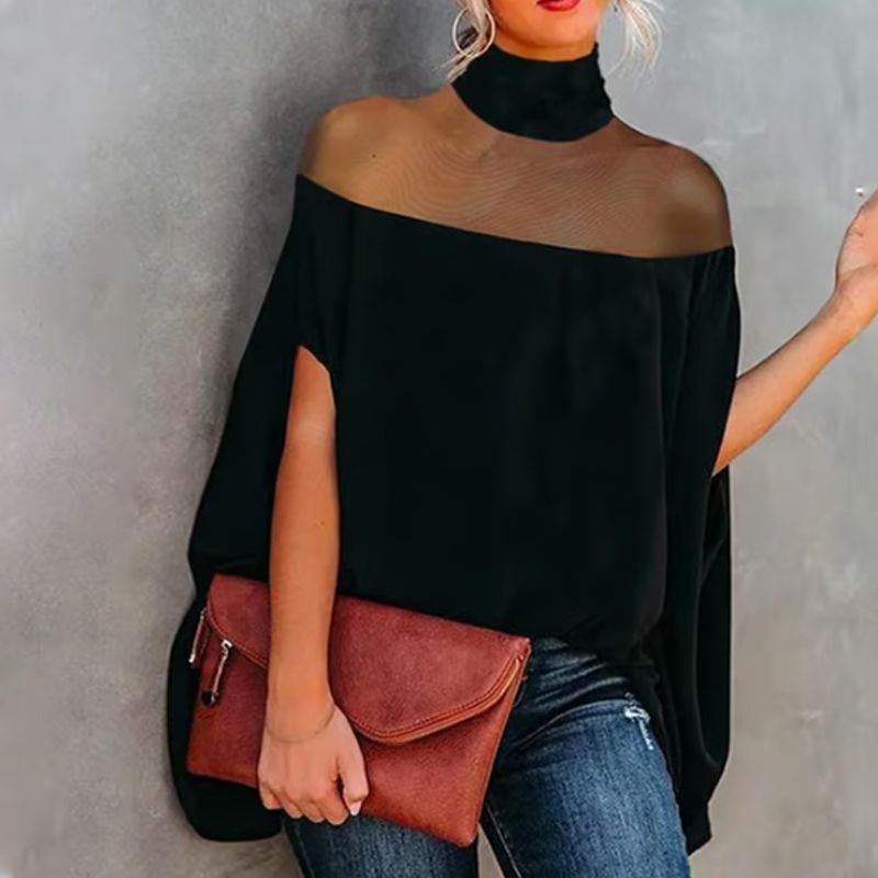 đŠ 50% RABATT NU! đ€ Damernas Hög Hals Batwing Blus â Genomskinlig Panel & Löst Passform âš