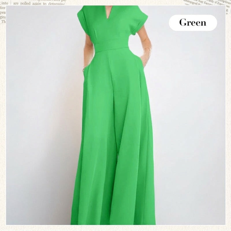 Kvinnors V-ringade kortärmade jumpsuit med vida ben