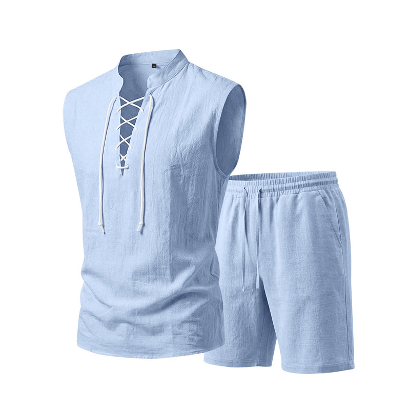 đ 50% RABATT! đż Herr linne Ă€rmlös snörnings-top & shorts set â Svalt linne, justerbar passform & perfekt för strand, festival eller heta sommardagar âïž