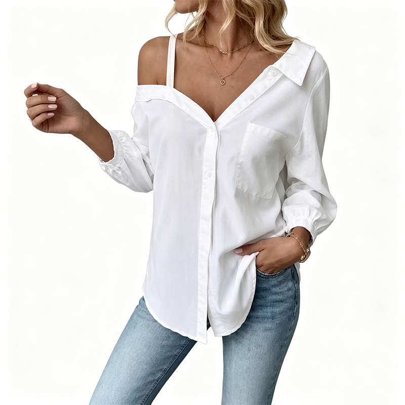 đ 50% RABATT NU! âš Kvinnors Off-Shoulder KnĂ€ppskjorta â Asymmetrisk, Skrynkeltyg & LĂ„ng Ărm â Luftigt, Avslappnat & Chic đ«