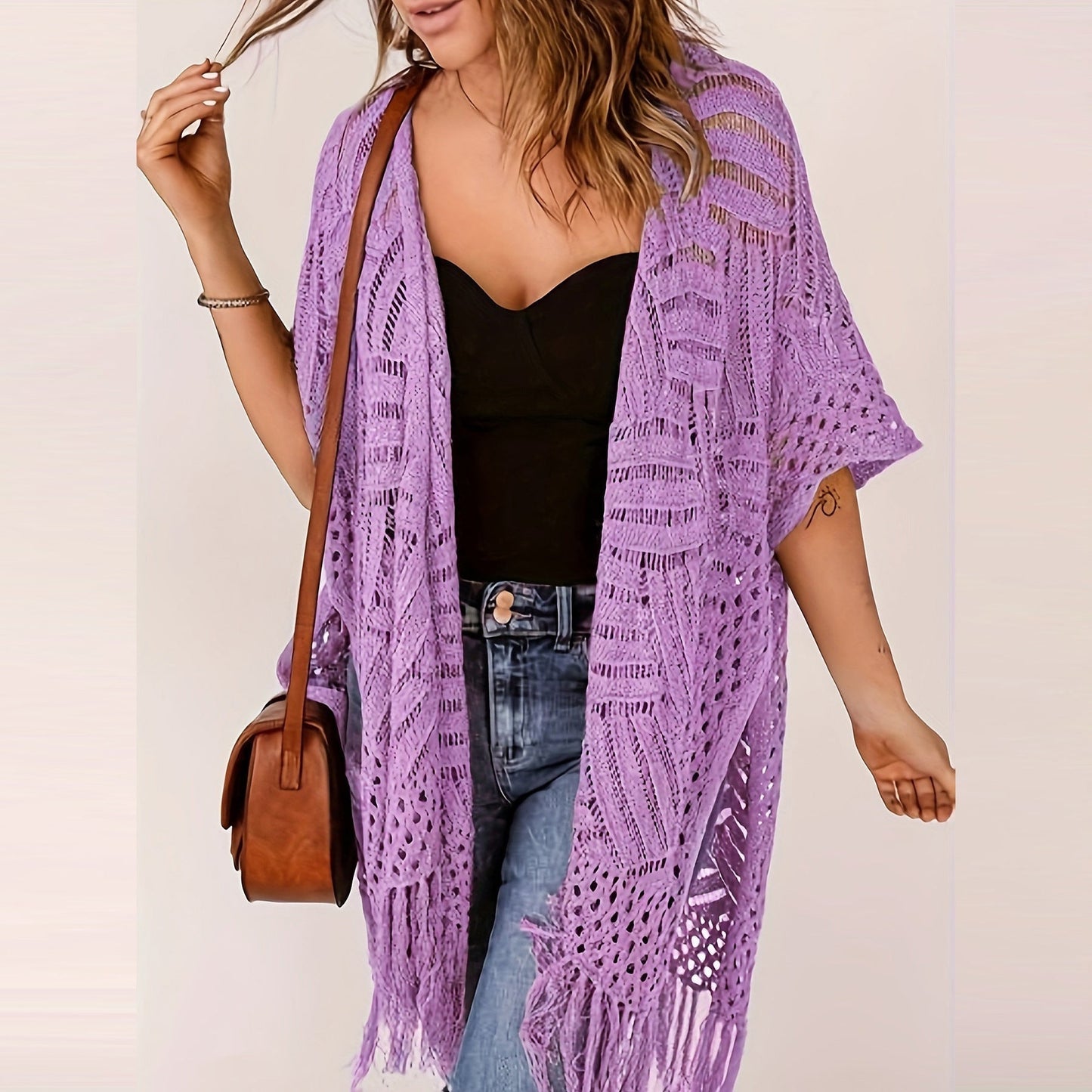 đ 50% RABATT NU!âš Dam Ăppen Stickad Cover-Up med Tofsar â Bohemisk & Luftig â Strand Essential đŽ