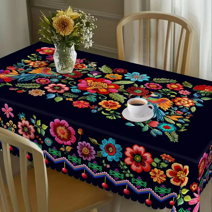 📢📢50 % rabatt – Mexikansk blommig duk med festongkant 🌸✨ Exotisk elegans och fläcktålighet!