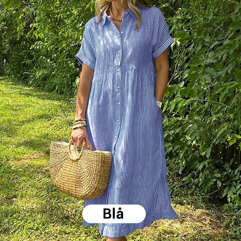 👗💗 Randig Lång V-ringad Skjortklänning för Kvinnor – Sommarrea – Luftig & Bekväm, Klassisk Look & Perfekt för Varma Dagar ☀️