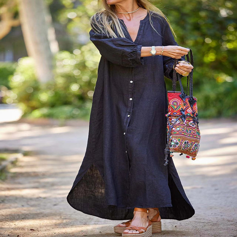 👗 50% RABATT! 🌿 Minimalistisk Lång Klänning i Bomull & Linne med V-ringning – Andningsbar, Ledig Passform & Perfekt För En Elegant Vardagslook 🌸