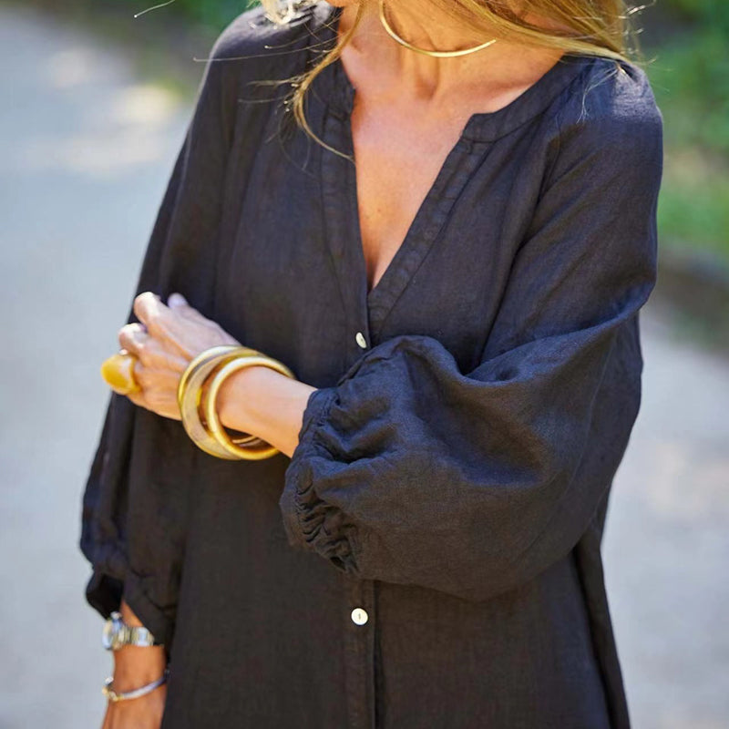 👗 50% RABATT! 🌿 Minimalistisk Lång Klänning i Bomull & Linne med V-ringning – Andningsbar, Ledig Passform & Perfekt För En Elegant Vardagslook 🌸