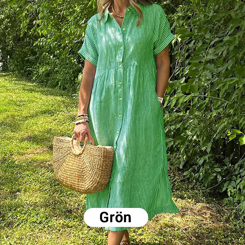 👗💗 Randig Lång V-ringad Skjortklänning för Kvinnor – Sommarrea – Luftig & Bekväm, Klassisk Look & Perfekt för Varma Dagar ☀️