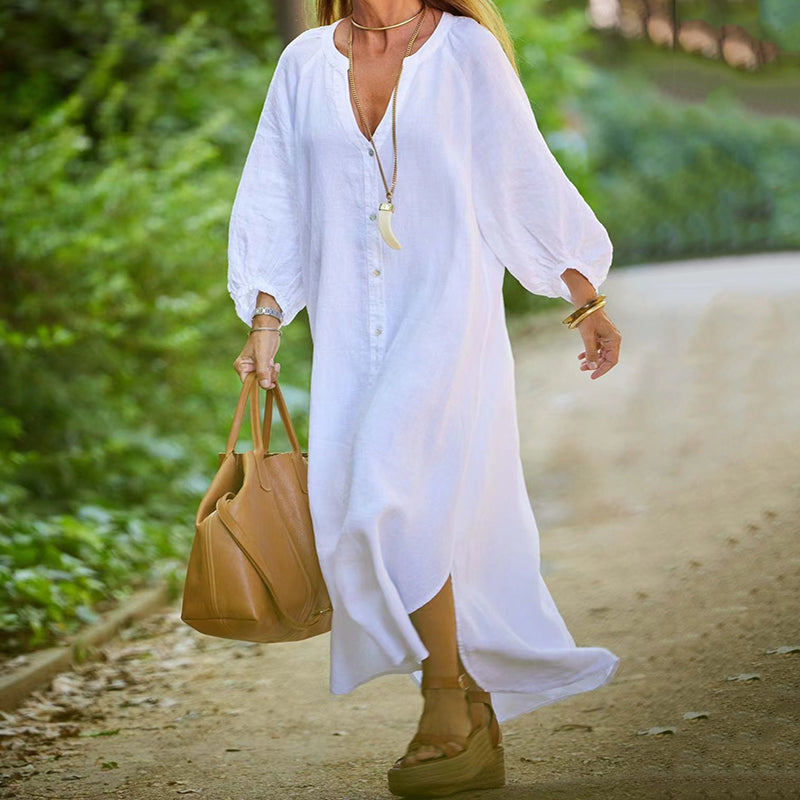 👗 50% RABATT! 🌿 Minimalistisk Lång Klänning i Bomull & Linne med V-ringning – Andningsbar, Ledig Passform & Perfekt För En Elegant Vardagslook 🌸