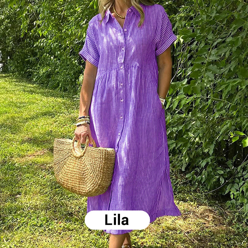👗💗 Randig Lång V-ringad Skjortklänning för Kvinnor – Sommarrea – Luftig & Bekväm, Klassisk Look & Perfekt för Varma Dagar ☀️