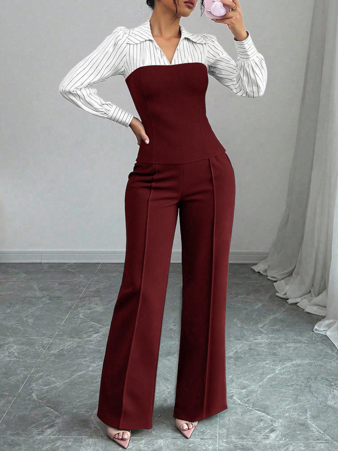 Elegant randig blus med V-ringning och vida byxor för damer