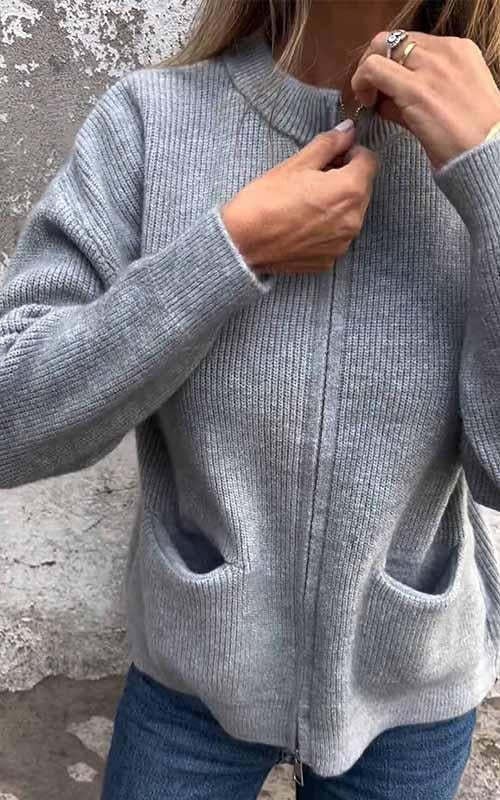 💗Rundhalsad stickad jacka med dragkedja🧥