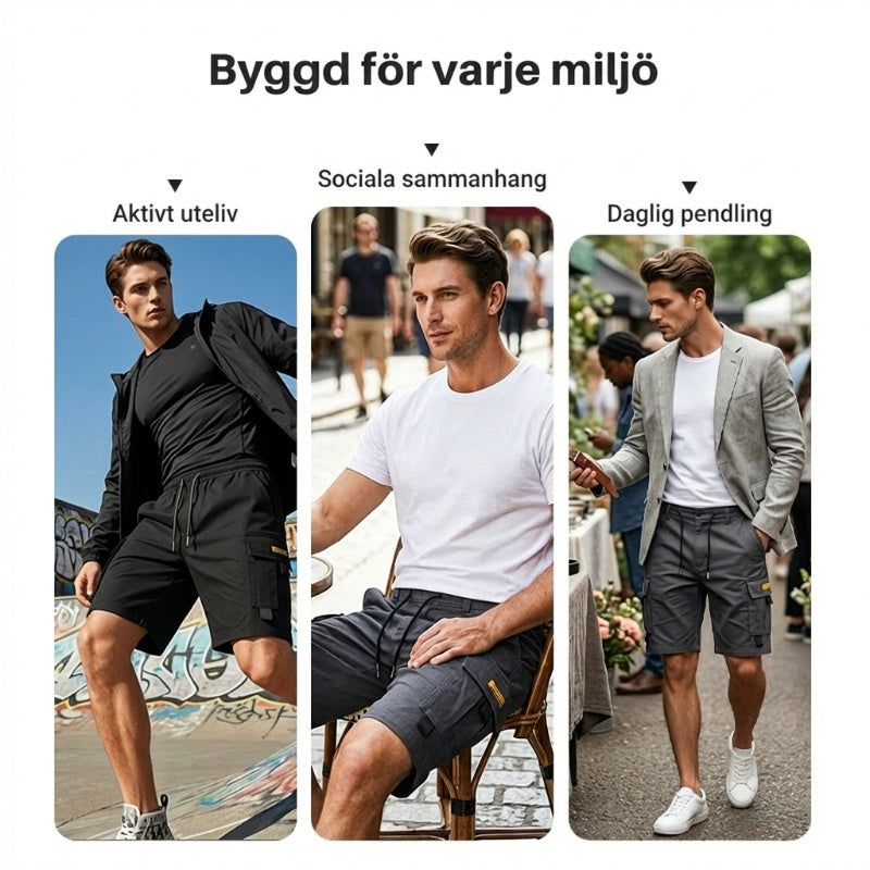 🩳 50% RABATT 🌿 | Herrshorts med Dragsko – Cargofickor & Rak Benform