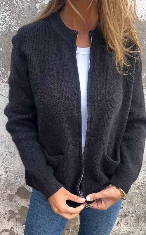 💗Rundhalsad stickad jacka med dragkedja🧥