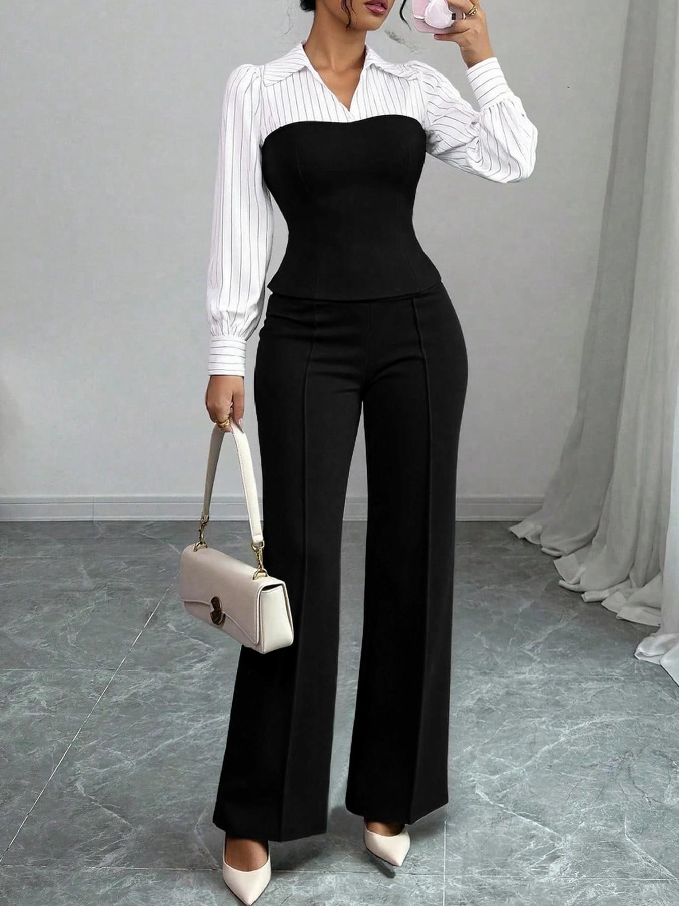 Elegant randig blus med V-ringning och vida byxor för damer