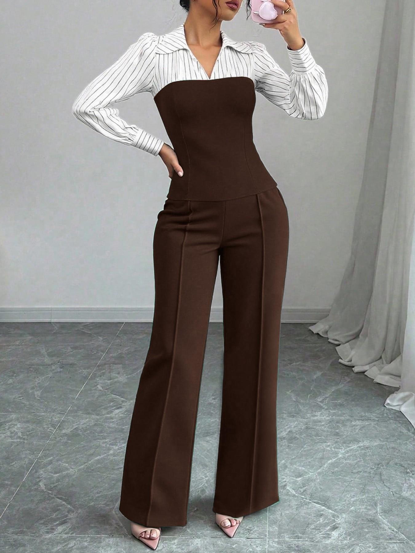 Elegant randig blus med V-ringning och vida byxor för damer