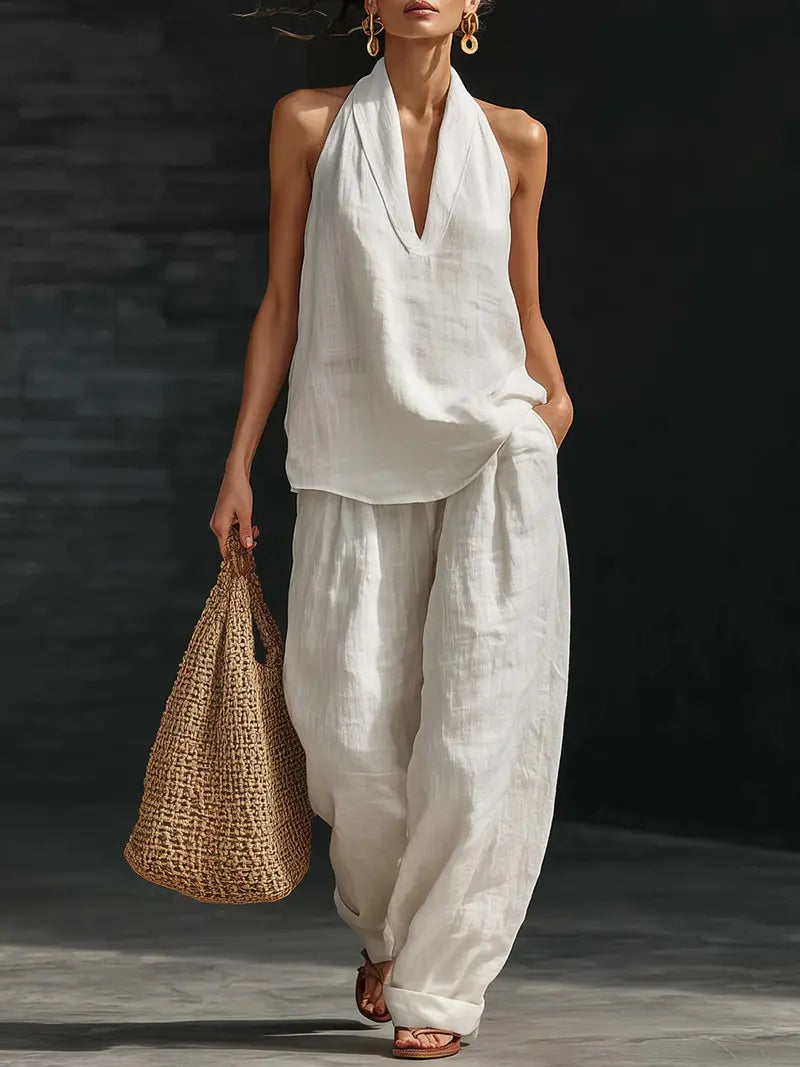 👚 50% RABATT! 🌞 Boho Linne Tvådelat Set – Halslinne & Vida Byxor, Lätt & Perfekt För En Ledig Sommarlook 💃