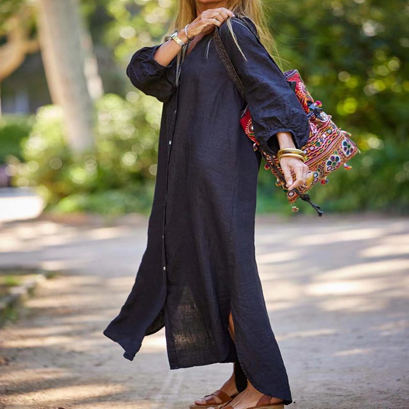 👗 50% RABATT! 🌿 Minimalistisk Lång Klänning i Bomull & Linne med V-ringning – Andningsbar, Ledig Passform & Perfekt För En Elegant Vardagslook 🌸