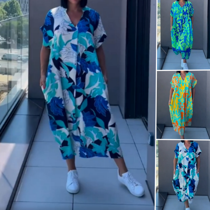 👗50% RABATT! 🌸 Elegant V-halsad Klänning med Tryck för Kvinnor – Flytande Tyg, Smickrande Passform & Perfekt för Våren ☀️