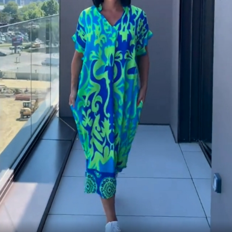 👗50% RABATT! 🌸 Elegant V-halsad Klänning med Tryck för Kvinnor – Flytande Tyg, Smickrande Passform & Perfekt för Våren ☀️