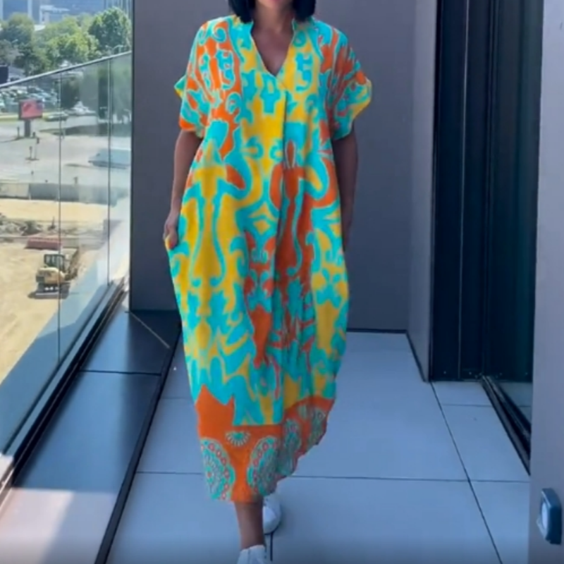 👗50% RABATT! 🌸 Elegant V-halsad Klänning med Tryck för Kvinnor – Flytande Tyg, Smickrande Passform & Perfekt för Våren ☀️