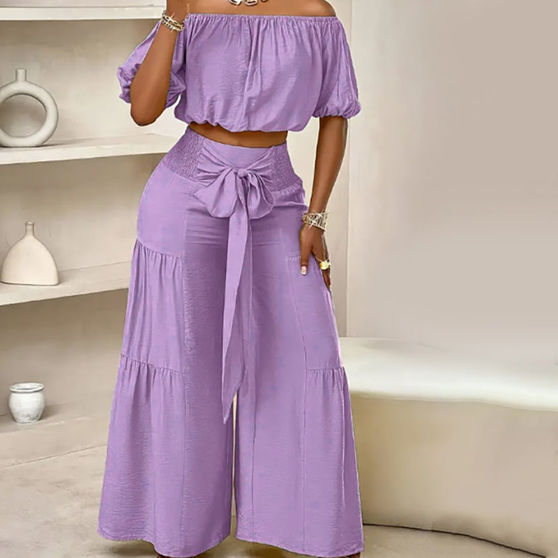 Off-Shoulder topp med puffärm och byxor med vida ben 2-delat set