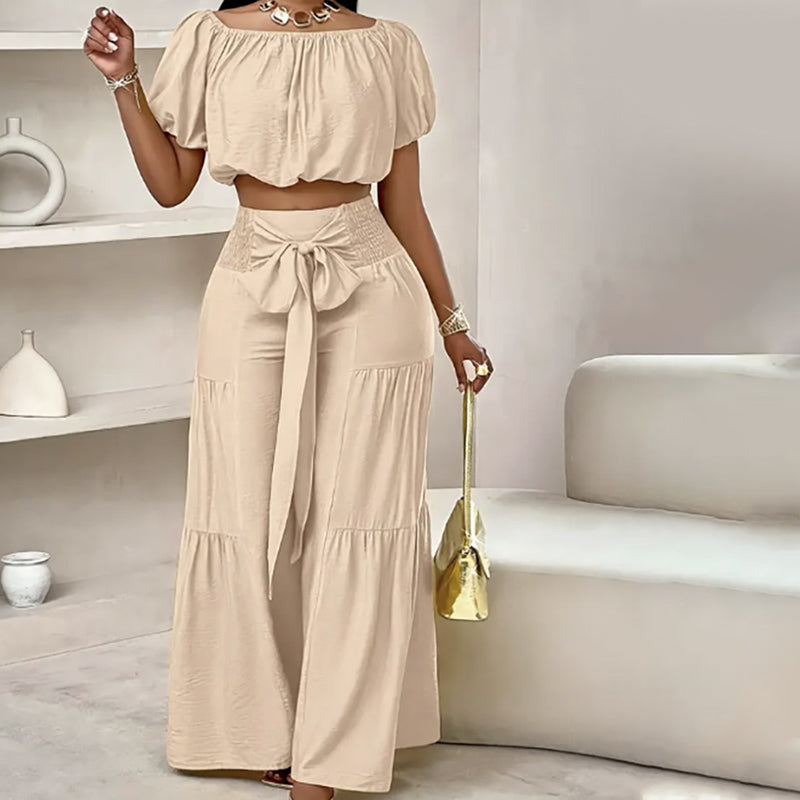 Off-Shoulder topp med puffärm och byxor med vida ben 2-delat set