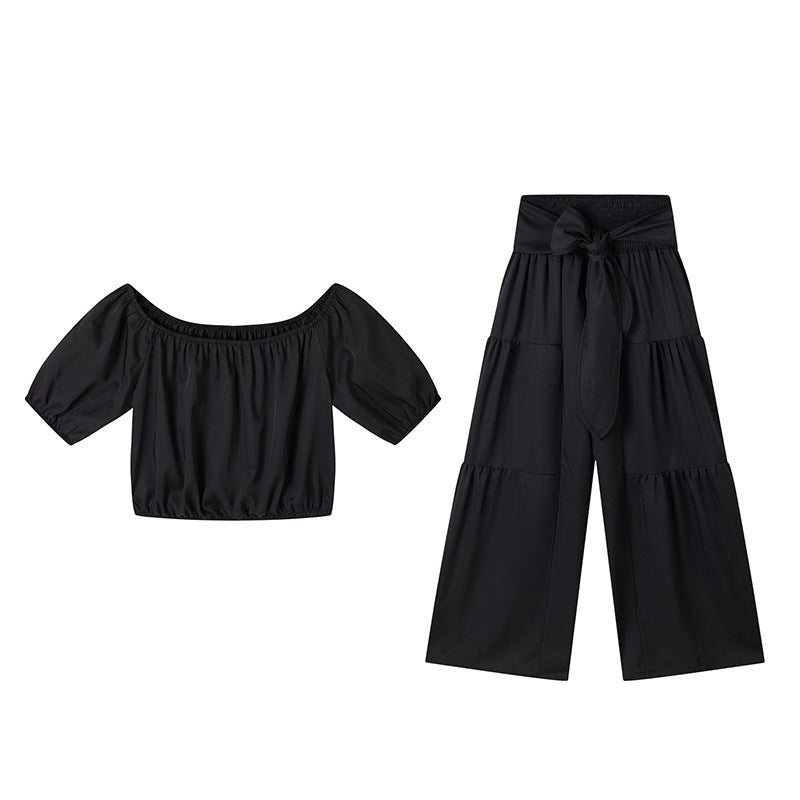 Off-Shoulder topp med puffärm och byxor med vida ben 2-delat set