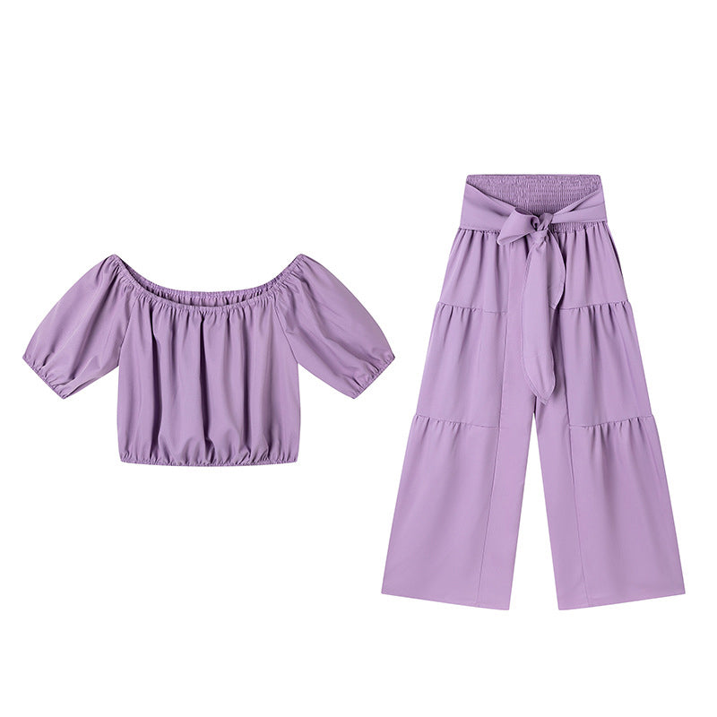 Off-Shoulder topp med puffärm och byxor med vida ben 2-delat set
