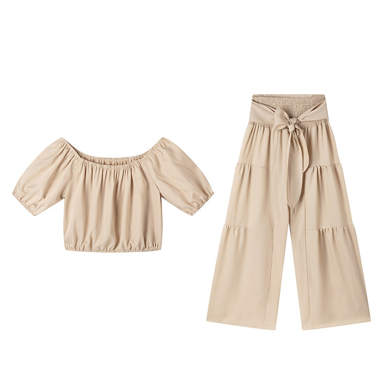 Off-Shoulder topp med puffärm och byxor med vida ben 2-delat set