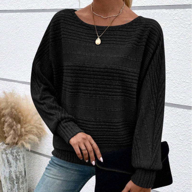 👚Enfärgad Randig Tröja med Rund Halsringning och Långa Ärmar