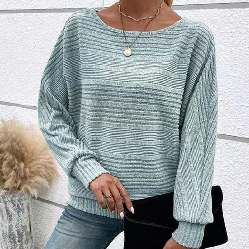 👚Enfärgad Randig Tröja med Rund Halsringning och Långa Ärmar