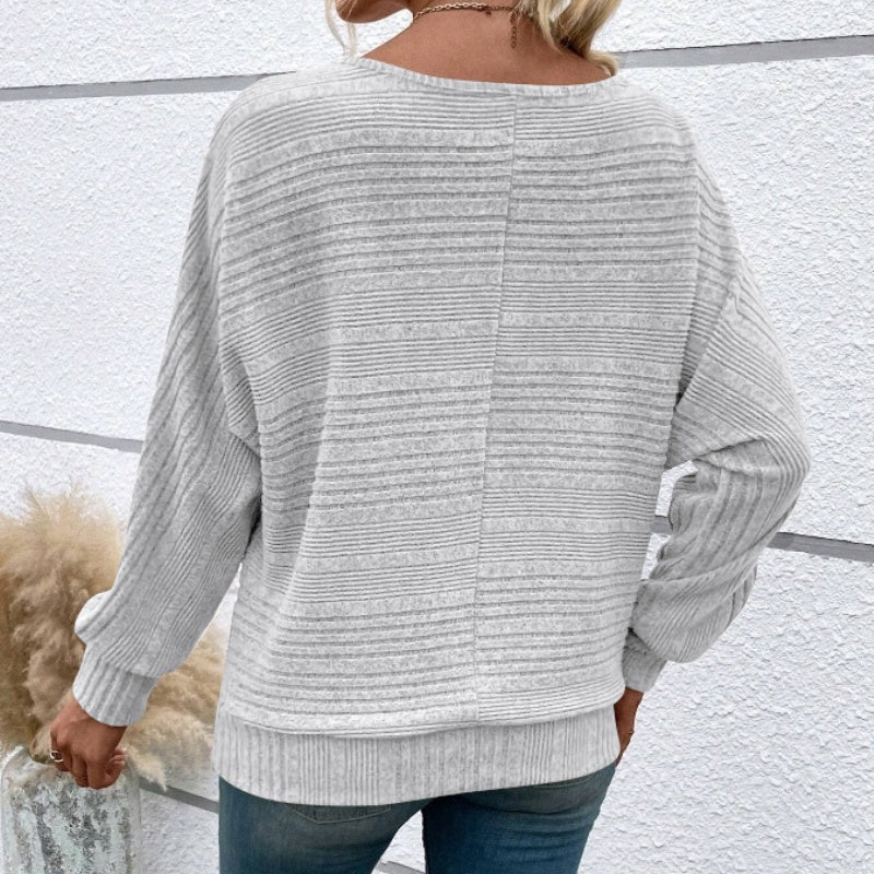 👚Enfärgad Randig Tröja med Rund Halsringning och Långa Ärmar