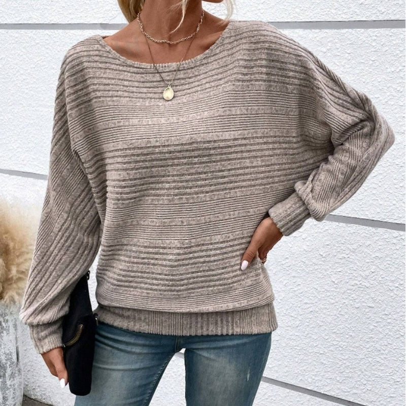 👚Enfärgad Randig Tröja med Rund Halsringning och Långa Ärmar