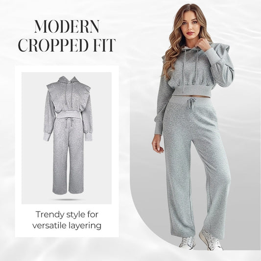 🌸Wieanfedy™ 2-delat Ribbad Långärmad Crop Top & Wide Leg Byxor Set – Matchat Loungeoutfit