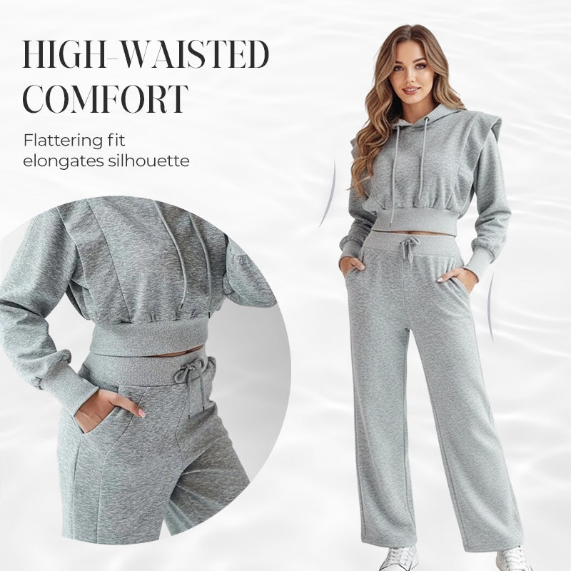 🌸Wieanfedy™ 2-delat Ribbad Långärmad Crop Top & Wide Leg Byxor Set – Matchat Loungeoutfit