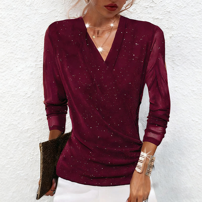 👚 60% RABATT! 💫 DAMTRÖJA MED V-RINGNING - Korsad Framkant och Långa Ärmar, Mjukt Stretchtyg för Elegant Komfort, Perfekt för Fest och Vardag 🌟🎉