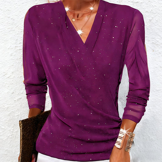 👚 60% RABATT! 💫 DAMTRÖJA MED V-RINGNING - Korsad Framkant och Långa Ärmar, Mjukt Stretchtyg för Elegant Komfort, Perfekt för Fest och Vardag 🌟🎉