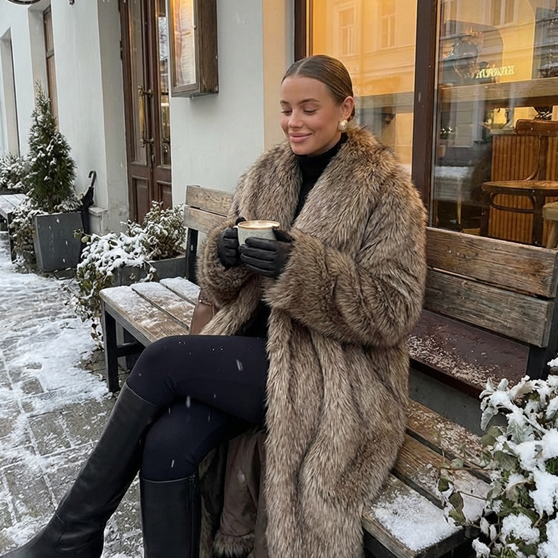 Elegant lång fuskpälskappa för kvinnor