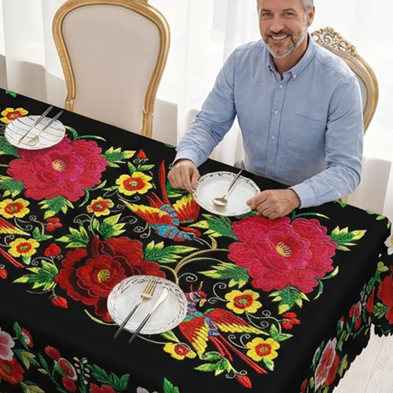 📢📢50 % rabatt – Mexikansk blommig duk med festongkant 🌸✨ Exotisk elegans och fläcktålighet!