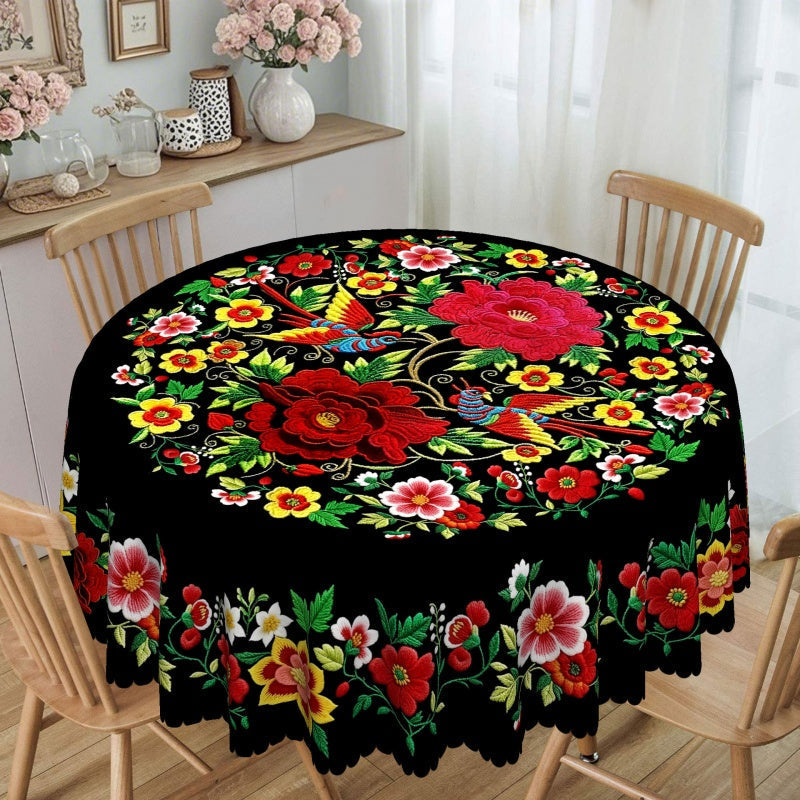 📢📢50 % rabatt – Mexikansk blommig duk med festongkant 🌸✨ Exotisk elegans och fläcktålighet!