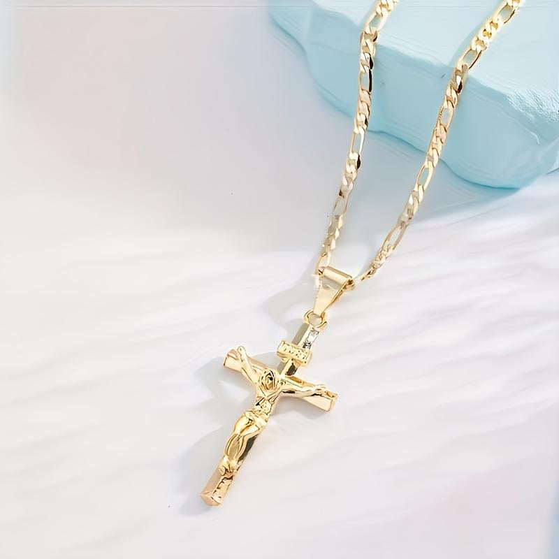 ✨ Guldkrucifixhalsband – Detaljerat INRI-motiv, justerbar figarokedja och glittrande finish 💛