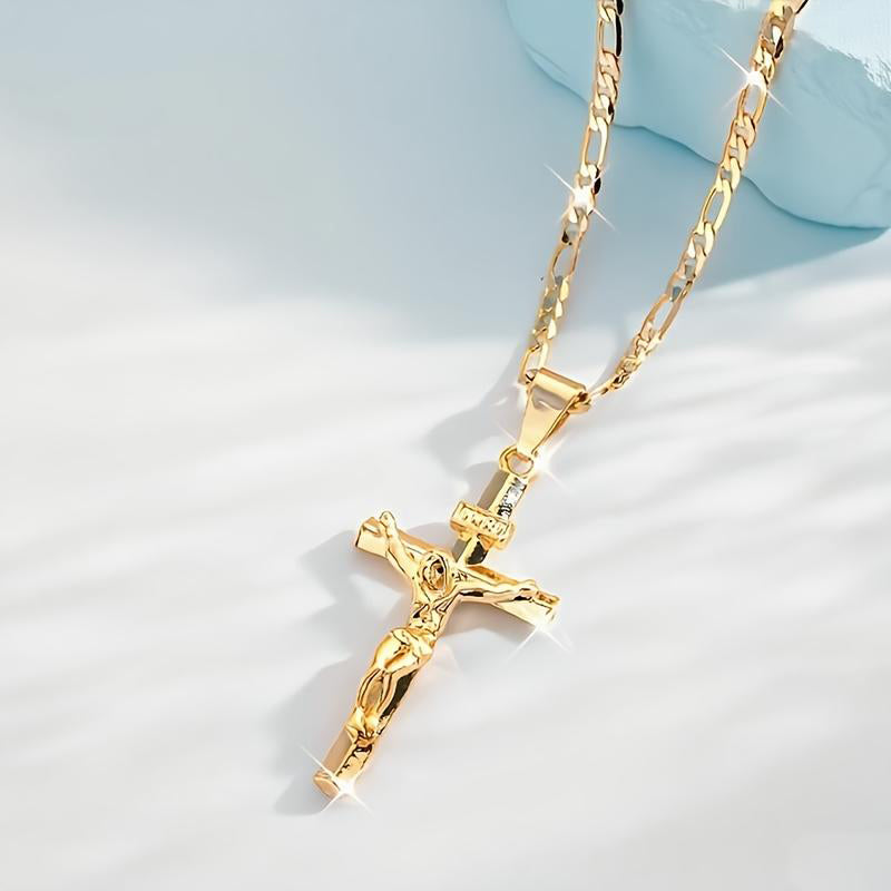 ✨ Guldkrucifixhalsband – Detaljerat INRI-motiv, justerbar figarokedja och glittrande finish 💛