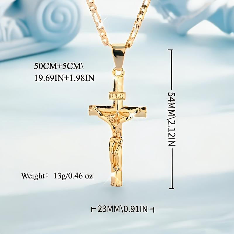 ✨ Guldkrucifixhalsband – Detaljerat INRI-motiv, justerbar figarokedja och glittrande finish 💛