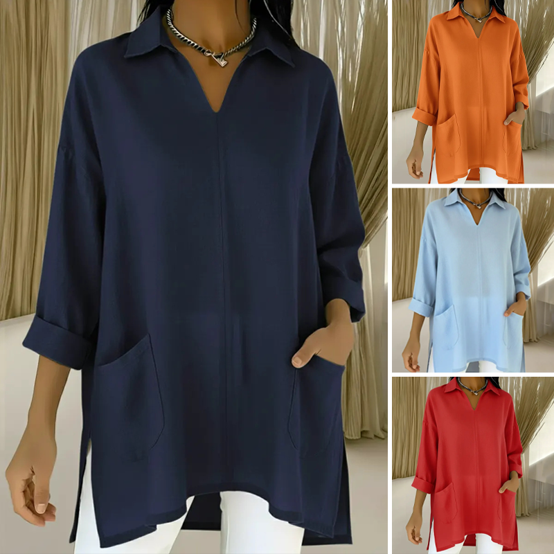 ✨Bästsäljare🔥Löst sittande V-ringad enfärgad casualskjorta för damer👚