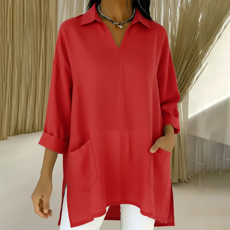 ✨Bästsäljare🔥Löst sittande V-ringad enfärgad casualskjorta för damer👚