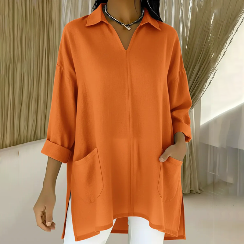 ✨Bästsäljare🔥Löst sittande V-ringad enfärgad casualskjorta för damer👚