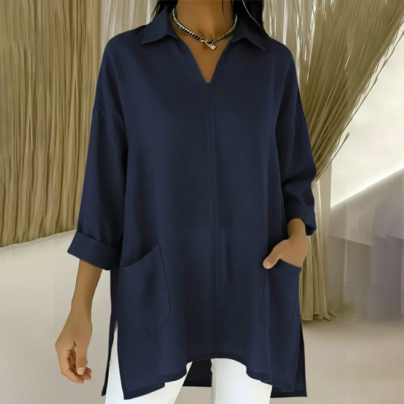 ✨Bästsäljare🔥Löst sittande V-ringad enfärgad casualskjorta för damer👚