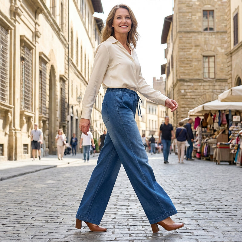 Kvinnors jeans med dragkedjemidja och breda ben
